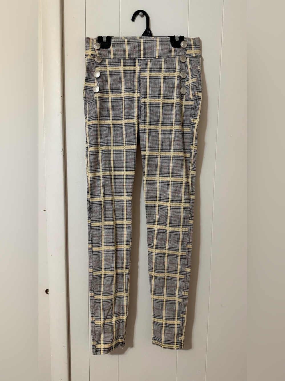 Plaid High-Waist Skinny Chinos in Gray and Cream